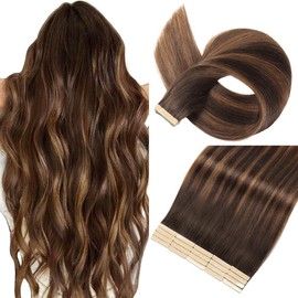 Tape in Hair Extensions Human Hair Dark Brown to Mixed Chestnut Brown 22 Inch 20Pcs Tape in Hair Extensions Tape Ins for Women Straight Invisible Seamless Remy Tape in Hair Extensions Human Hair