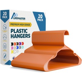 Lifemaster Plastic Clothes Hangers – Heavy Duty Hanger Set, for Organizing Clothes, Dresses, and Coat, Holds Up to 5 lbs, Space-Saving Hangers with Non-Slip Shoulder Grooves, Pack of 20, Orange
