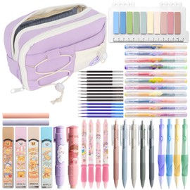 Zhwidnerso 50 Pcs Aesthetic Stationery Supplies with Large Pencil Case, 12 Pastel Highlighters, 5 Gel Pens, 4 Erasable Pens, 4 Mechanical Pencils, Stationery Set for Students, Note-taking Set (Purple)