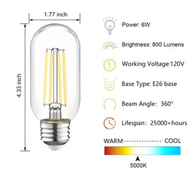 winsaLED T45 Dimmable E26 Led Bulb 60 Watt Equivalent,Vintage E26 Edison Bulbs,Tubular Clear Decorative Light Bulb,5000k Led Lightbulbs 60W Daylight,12 Pack