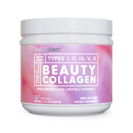 BioEmblem Beauty Collagen - 11G Hydrolyzed Multi-Collagen Peptides, Hyaluronic Acid, Vitamin C & Biotin - Bovine, Fish & Eggshell Membrane Collagen - Skin, Hair, Nail, & Joint Health - 30 Servings