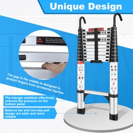 Wolec Telescoping Ladder, 10.5FT Aluminum Lightweight Portable Telescopic Ladder with Hook, Stabilizers & Wheels, Heavy Duty 330lbs Max Capacity, Extension Ladder for Roofs, RVs, Outdoor-Sliver