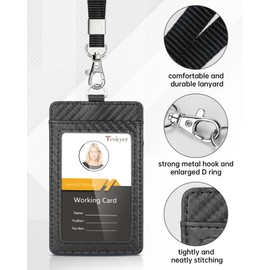 Teskyer Badge Holder with Lanyard, Leather ID Name Badge Card Holder with Lanyard for ID Badges, Vertical, Carbon Fiber Black