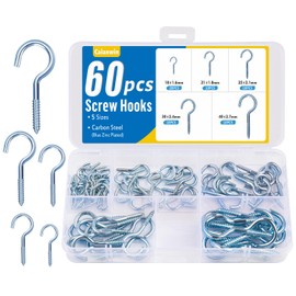 Caianwin 60 Piece Screw Hook Set Mini and Small Hook Screws with Thread Made of Galvanised Steel for Indoor and Outdoor Use, Ceiling Hooks, Wall Hooks, Mounting Hooks (5 Sizes)