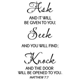 ANFRJJI Ask Seek Knock Bible Quote Wall Decal - PVC Removable Vinyl Sticker - Matthew 7:7 Scripture Art for Living Room, Study, Church - Effect 27"X16" inch (black-JWH217)