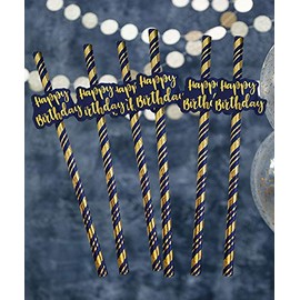 Alandra Party Happy Birthday Navy & Gold Metallic Straws, Pack of 6