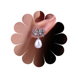 TseenYi Bow Pearl Earrings Silver Tiny Bow Earrings Small Bowknot Earrings Tears Pearl Drop Earrings Bridal Wedding Earrings Jewellery for Women and Girls Gifts, Silver