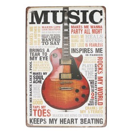 Hioni MUSIC Inspires Me Keeps My Heart Beating, Guitar Metal Tin Sign, Vintage Plaque Wall Decor