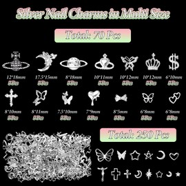 320 Pcs Silver Nail Charms Studs, Assorted 3D Planet Crown Moon Butterfly Alloy Nail Jewelry Charms, Heart Dollar Cross Nails Bow Charms, Star Moon Rivet Nail Studs Charms DIY Supplies