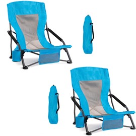 Foristrail Portable Folding Beach Chair for Adults Set of 2- Lightweight Low Back Sling Chair with Cup Holder & Storage Pocket, 300lbs Capacity Camping Chair for Outdoor, Lawn, Concert, Travel (Blue)