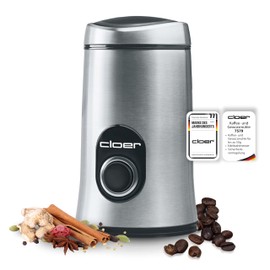 Cloer 7579 Electric Coffee Grinder, Stainless Steel Knife, for up to 50 g Coffee Beans, Large Grinding Button, Grinding Level Selectable Over Grinding Time, Cable Winder, Stainless Steel Housing, 200 W