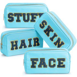 Remerry 4 PCS Nylon Cosmetic Bags Waterproof Spacious Travel Makeup Organizer for Women Chenille Letter Preppy Zipper Pouch Face Stuff Skin Hair Organizer Gift(Light Brown, Beige, Light Pink, White)