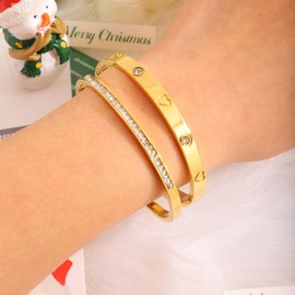 Camhanno Gold Bracelet for Women - 2Pcs 18K Gold Plated Crystal Love Bangle Friendship Stack Bracelet Bangle for Her., Medium, Stainless Steel, Rhinestone