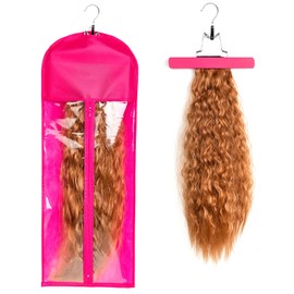 RJMBMUP 1 Pack Extra Long Hair Extension Holder Wig Storage Bag with Hanger Hairpieces Ponytail Bundles Storage Carrier Case for Store Style Hair Travel Hair Extensions Bag Pink Color