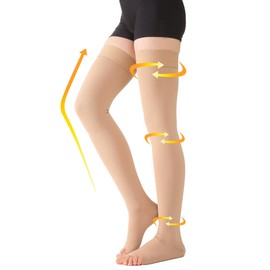 MGANG Medical Thigh High Compression Stockings for Men & Women, Pair, Open Toe, 20-30 mmHg Graduated Compression Support Hose, Opaque, Best for Varicose Veins, Edema, Flight, DVT, Swelling, Beige 5XL