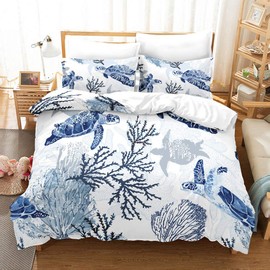 Loussiesd Turtle Duvet Cover Set Blue White Double Bedding Set Marine Life Sea Animals Print Comforter Cover Soft Microfiber Polyester Bedspread Cover with 2 Pillow Shams, Zipper, Ocean Theme