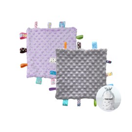 CREVENT Tag Security Blankets for Babies, Soft Small Loveys for Girls, Baby Comforter Sensory Blanket, Great Gifts for Birthday Baby Shower 10"X10" (Grey + Purple)