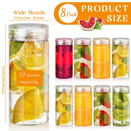 Uiifan 8 Pcs Glass Water Bottles Wide Mouth Glass Bottles with Lids Reusable Juice Bottles Leakproof Glass Containers for Liquids Portable Drinking Jars for Smoothies Cold Brew Juices Storage (10 oz)