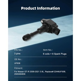 ECCPP 6 ignition coils with 6 iridium Spark Plugs,UF638,coils packs,for Nissan GT-R 2009-2021 3.8L,Replace# 22448JF00B,2505484809,UF638