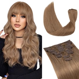 S-noilite 18 Inch Clip in Hair Extensions 100% Human Hair 8Pcs Normal Weft Full Head Clip on Remy Hair Extensions for Women Straight Golden Brown Clip in Hair Extension(70g,#12 Golden Brown)