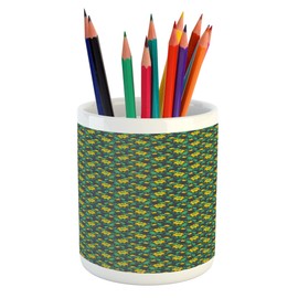 Lunarable Flower Pencil Pen Holder, Vintage Style Flower Composition Summer Season Garden Art Design, Printed Ceramic Pencil Pen Holder for Desk Office Accessory, Green Yellow and Charcoal Grey