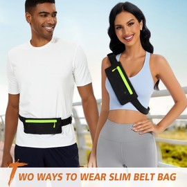 WHIPPY Slim Running Belt Fanny Pack for Women Men Elastic Runners Belt Waist Pouch Chest Bag Phone Holder Waist Pack for Running Hiking, Black Green