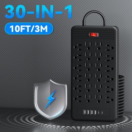 30-in-1 Power Strip with Overload Protection, 24 AC Outlets, 4 USB Ports, 2 Type-C Ports - Wall-Mountable, 5ft/10ft Extension Cord, Flat Plug, Ideal for Office, Home, Factory, School (Black, 10FT)