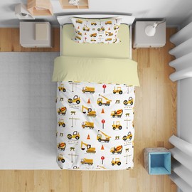 DJDEA Cot Bed Duvet Cover Set, Cartoon Trucks Diggers Vehicles Cranes Pattern, Toddler Bedding Set for Boys Microfiber Quilt Cover 120x150cm with Pillowcase 40x60cm