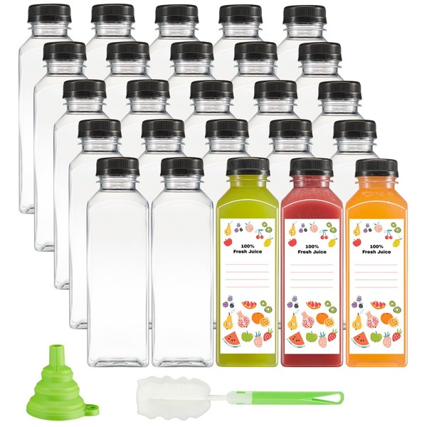 Comfy Package [25 Count - 16 oz.] Reusable Plastic Juice Bottles With Caps, Labels, Brush, and Silicone Funnel | Clear Juice Containers for Juices, Water, Smoothies, and Other Beverages