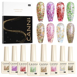 CANNI Gel Polish Glitter Gel Nail Polish Set, 8 Colors Glitter Nail Gel, Shimmery Prism Flash Red Green Purple Fine Glitter Gel Polish U V LED Soak Off Manicure Kit Gift for Women Girls