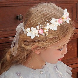 Campsis Princess Flower Crystal Headpiece Rhinestone Pearl Headband Alloy Floral Bridal Hair Accessories Communion Wedding Prom Photography for Girls and Women (Pink)