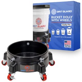 GRIT GUARD Bucket Dolly with Wheels - Rolling Detailing Wash Bucket with 5 Wheels and 2 Locking Casters Compatible with 2.5, 4, 5 and 6 Gallon Buckets (Black, 2" Red Casters)
