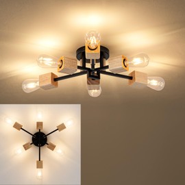 6 Light Sputnik Light Fixture Black Flush Mount Lights Industrial Ceiling Light Wood 30.6" Modern Farmhouse Ceiling Lights for Kitchen Bedroom Bathroom Foyer Hallway(E26)