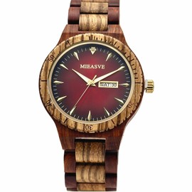 MIEASVE Handmade Wood Watches for Men Red Dial Lightweight Analog Quartz Wooden Watch Adjusted Band