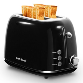 2 Slice Toaster Roter Mond Retro Stainless Steel Toaster with Bagel, Cancel, Defrost Function and 6 Bread Shade Settings Bread Toaster, Extra Wide Slot and Removable Crumb Tray, Black