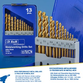 S&R Metal drill bit Set 1,5-6,5 mm, 135 °, 13 pcs, DIN 338, polished, HSS TITANIUM, nitrite titanium coating, metal box. Professional quality