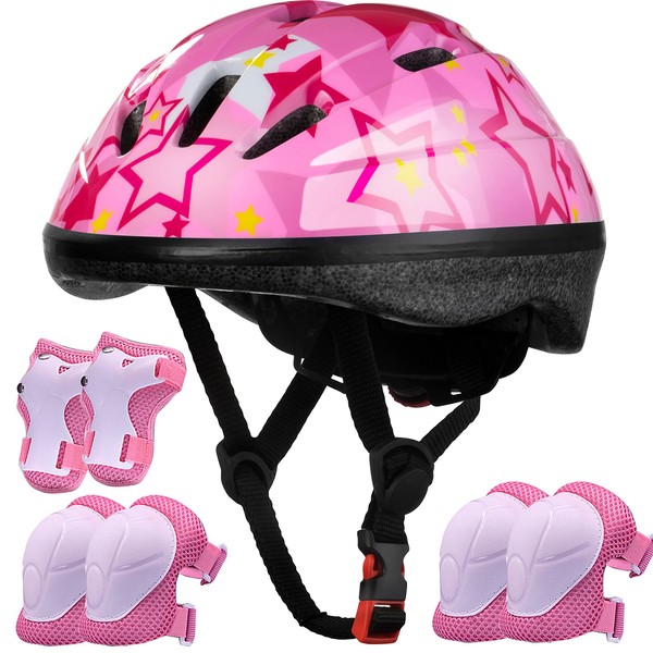 Kids Bike Helmet with Knee Pads, Elbow Pads, Wrist Guards - Adjustable, Ages 3-8 - For Cycling, Skating, Skateboard (Pink Star)