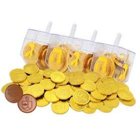 The Dreidel Company 6-Pack Dreidel Filled with Hanukkah Chocolate Gelt Coins, Milk Chanukah Gelt, With Menorah and Dreidel Design Kosher 6 Dreideld Filled With Ten Coins Total of 60 Peices of Chocolate