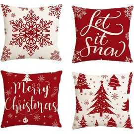 Avezano Red Christmas Cushion Covers 45 x 45 cm Winter Snowflake Xmas Tree Cushion Covers Christmas Holiday Pillow Covers for Sofa Couch Bed Home Decorations Set of 4