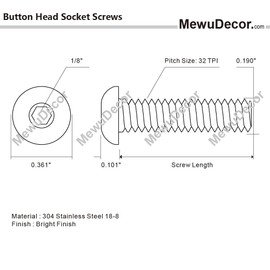 MewuDecor 10-32 x 3/8" Button Head Socket Cap Bolts Screws, Stainless Steel 18-8 (304), Bright Finish, Full Thread, Allen Hex Drive, 50 PCS