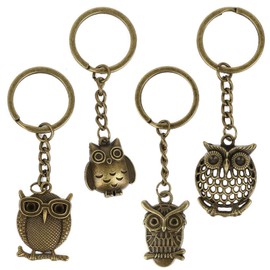 Mecmbj Key Ring Owl, Pack of 4 Vintage Owl Keyrings, Cute Owl Key Ring Made of Bronze, Lucky Charm Owl Key Holder for Family, Friends, Couples, bronze