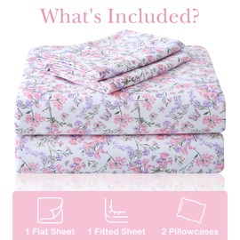 Mooreeke Cozy Vintage Microfiber Printed Queen Sheet Set - Soft Breathable Percale Cotton Floral Bed Sheets with Deep Pocket - Non-Slip Fitted Design - Pink Purple Flowers Pattern