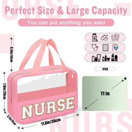 Nurses Week Gifts Chenille Letter Clear NURSE Makeup Bag for Women,Preppy Nurse Cosmetic Pouch Zipper with Handle Nurse Essentials Bag for Work Supplies,Travel Waterproof Toiletry Storage(NURSE-Pink)