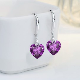Heart Dangle Earrings 925 Sterling Silver 10mm Heart Cubic Zirconia Drop Earrings for Women, White Gold Jewellery Gift for Girls (Purple)