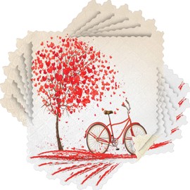 Happy Valentine's Day Heart Tree Bike Rags Dish Towel Cleaning Cloth Set of 6 Romantic Love Flowers Mother¡¯s Day Kitchen Bath Hand Towels 11x11 IN Absorbent Lint Free Soft Towel Kitchen Accessories