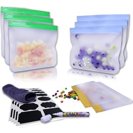 Aski Pro Premium Reusable Sandwich Bags and Snack Bags - Leakproof and Eco-Friendly - 8 Count Silicone Sandwich Bags with Dual Ziplock Tops - Bonus Towel, Chalkboard, Pen and Labels