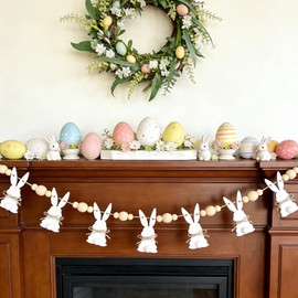 6.5ft Cute Easter Bunny Garland with Wood Beads, Farmhouse Easter Decorations Garland with Rustic White Rabbit Easter Banner Decor for Mantle Fireplace Wall Rustic Easter Home Indoor Banner