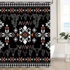 QSSMQS Western Aztec Shower Curtain Vintage Boho Cow Skull Cactus Geometric Pattern Abstract Cowboy Southwestern Native Black Brown Fabric Curtain with Hook