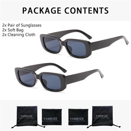 YAMEIZE Rectangular Sunglasses for Men and Women Pack of 2 90s Vintage Small Square Small Lenses UV400 Protection, Black + Black