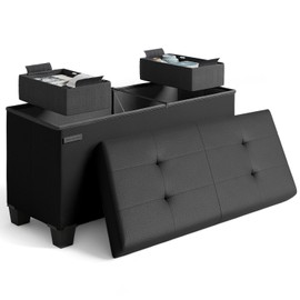 Storage Ottoman Bench with Bins, 30-in Storage Bench for Bedroom End of Bed, Folding Foot Rest Ottoman for Living Room Max 660lbs, Faux Leather Ottomans, Black
